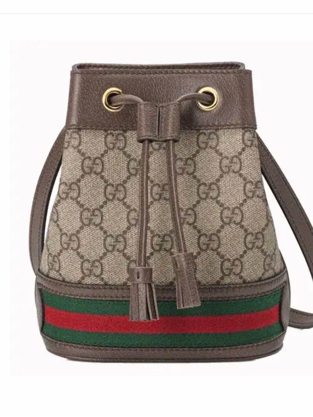 Gucci Brown GG Canvas Bucket Bag with Green & Red Web